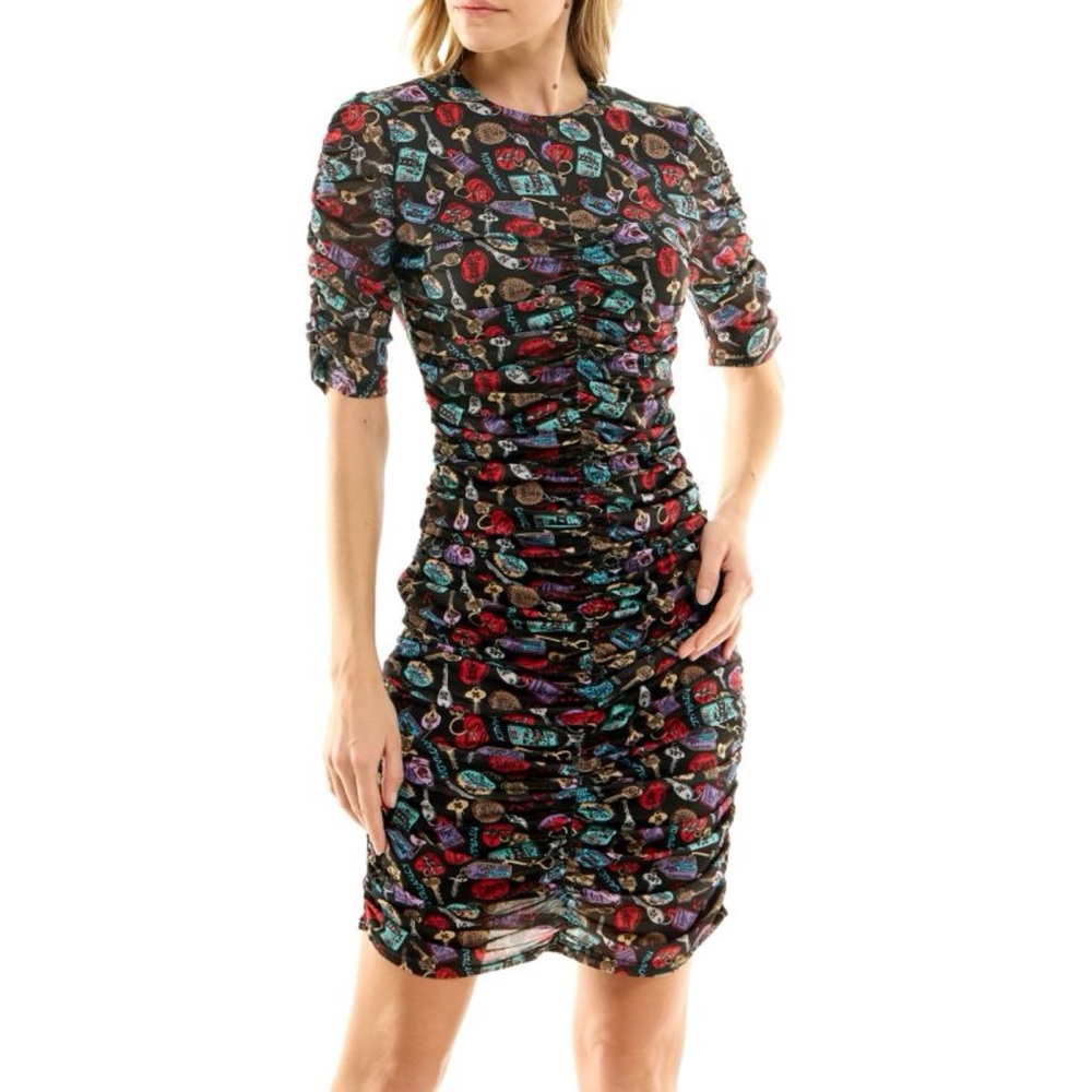 NWT Nicole Miller Key Print Ruched Sheath Dress Black Retro Party Event